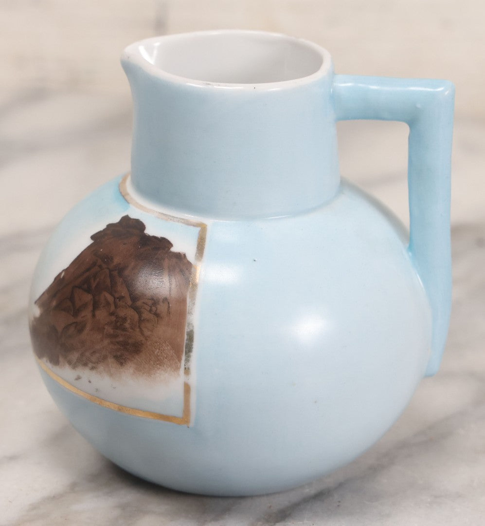 Lot 057 - Vintage Hand Painted German China Creamer Pitcher With Old Man Of The Mountain, White Mountains New Hampshire Souvenir Scene, 3-3/4" H