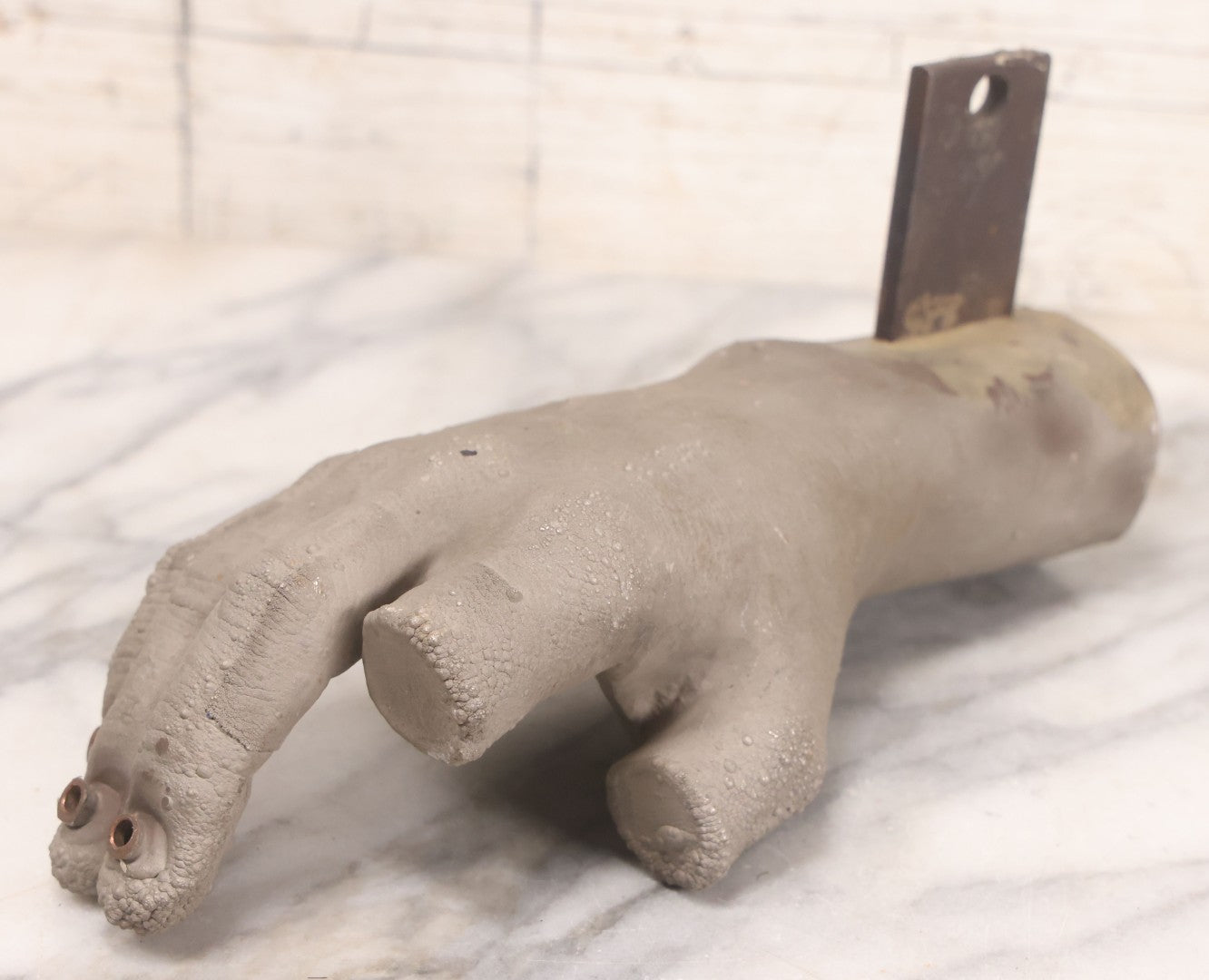 Lot 058 - Vintage Metal Mold For Casting Creepy Hand / Monster Hand Prop With Copper Eyelets And Wall-Mount Bracket, Stamped "Hm7P," 9-3/4" L