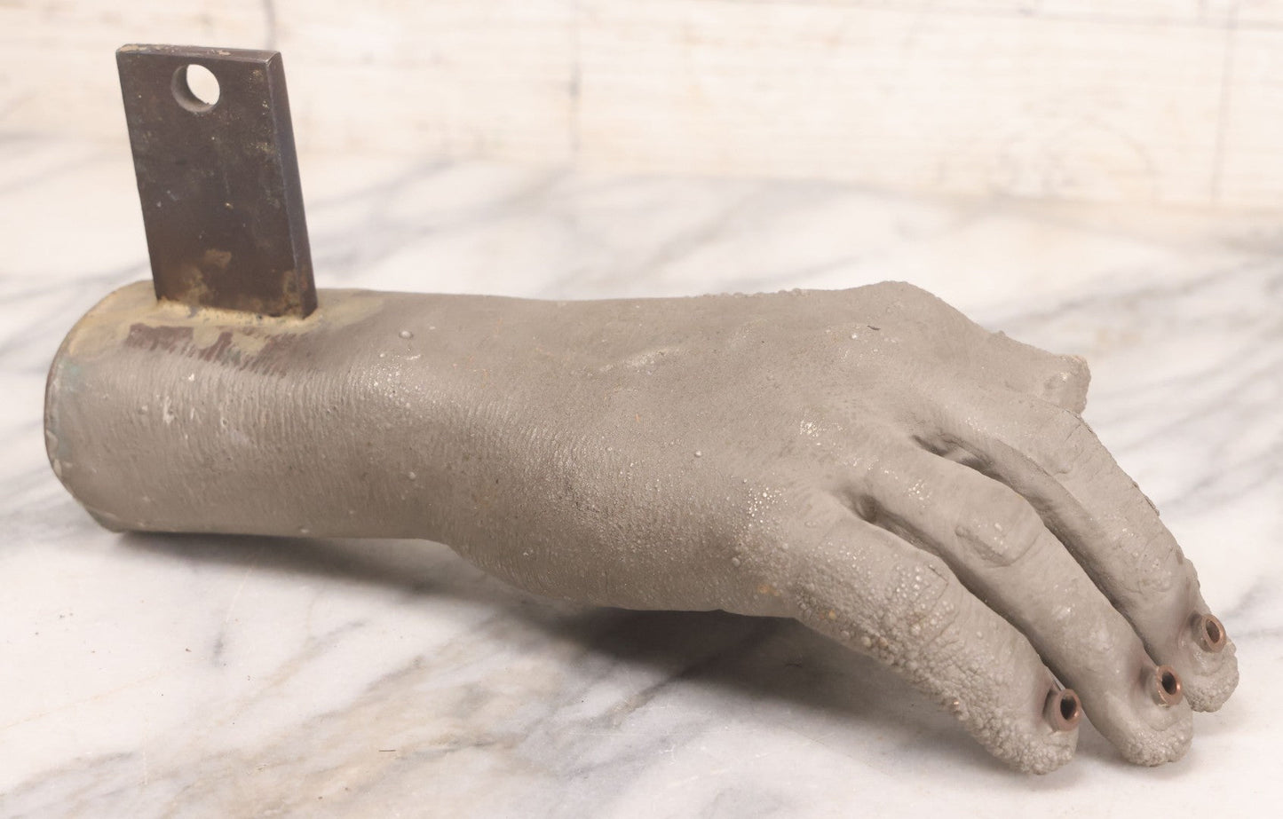 Lot 058 - Vintage Metal Mold For Casting Creepy Hand / Monster Hand Prop With Copper Eyelets And Wall-Mount Bracket, Stamped "Hm7P," 9-3/4" L