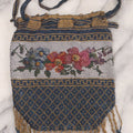 Lot 061 - Antique Beaded Drawstring Purse With Floral Panel, Greek Key Border, And Beaded Fringe, Seed Bead Construction