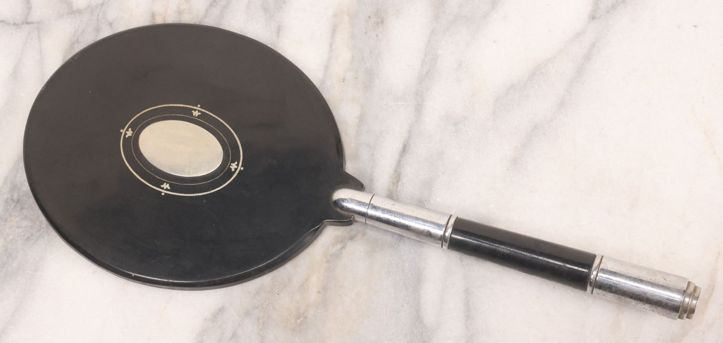 Lot 062 - Vintage Art Deco Hand Mirror With Black Circular Mirror Head And Chrome Handle, Circa 1940s 12-3/4" L