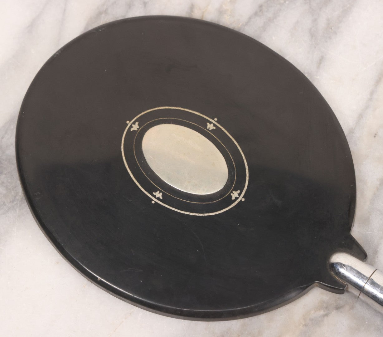 Lot 062 - Vintage Art Deco Hand Mirror With Black Circular Mirror Head And Chrome Handle, Circa 1940s 12-3/4" L