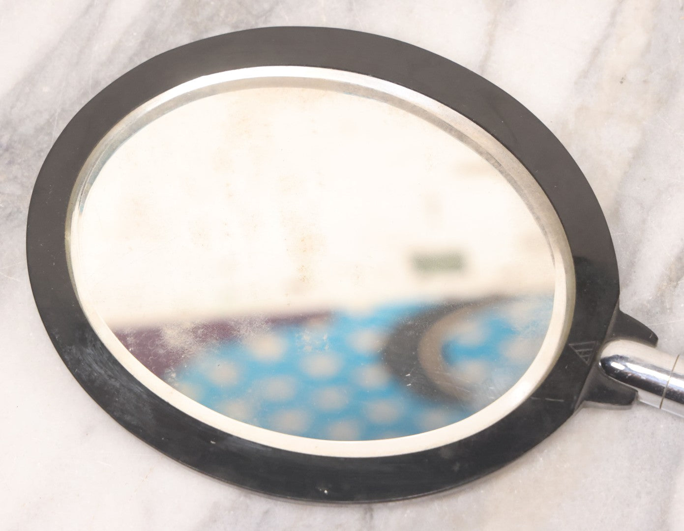 Lot 062 - Vintage Art Deco Hand Mirror With Black Circular Mirror Head And Chrome Handle, Circa 1940s 12-3/4" L