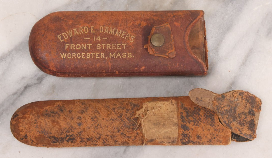 Lot 063 - Grouping Of Four Antique Wire Frame Spectacles Including Blue Lens Spectacles, With Two Partial Leather Cases, Edward E. Dammers, Worcester, Massachusetts