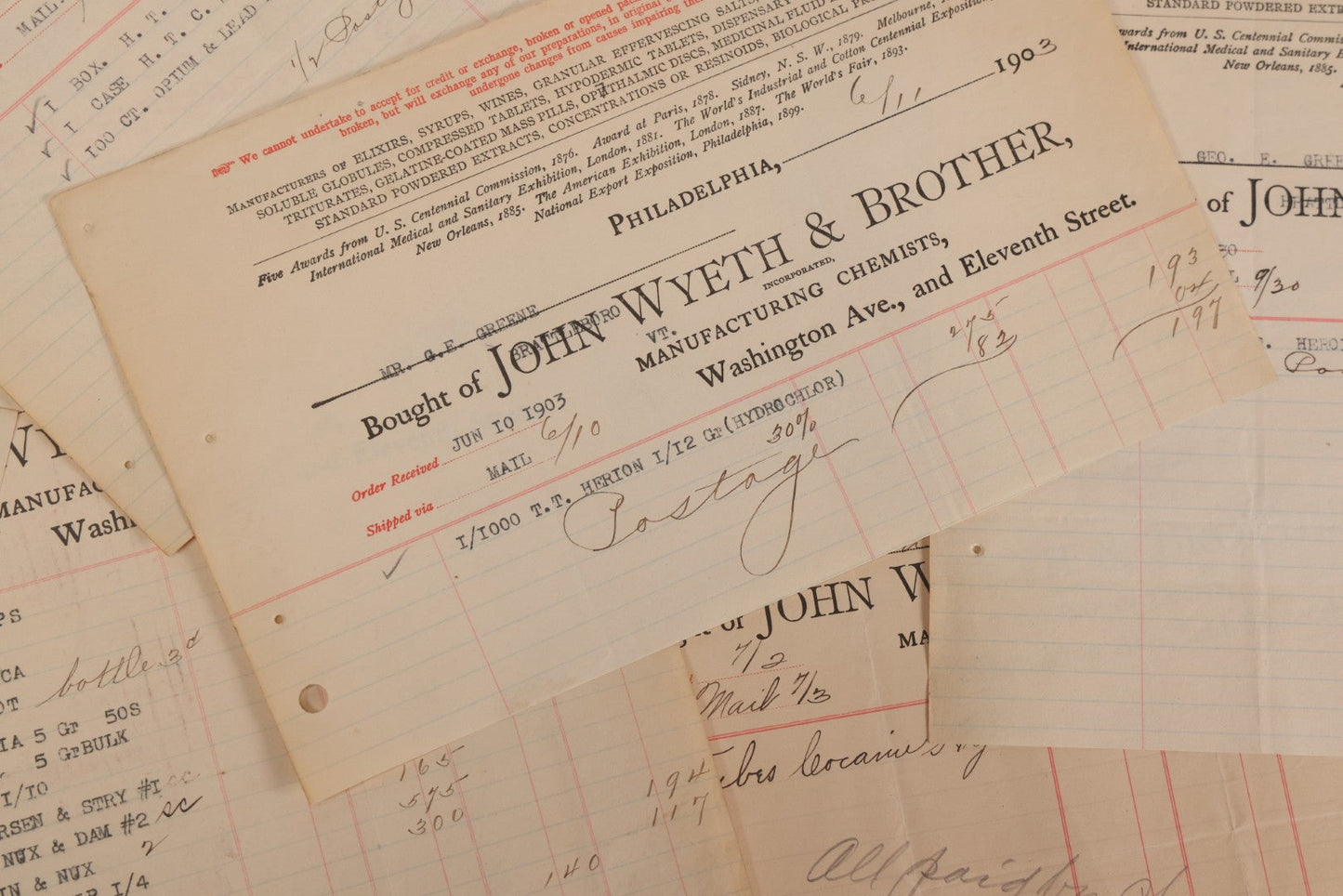 Lot 064 - Grouping Of 20+ Antique Billhead Receipts From John Wyeth & Brother Inc., Manufacturing Chemists, Philadelphia, For Narcotics Including Heroin, Morphine, Codeine, Strychnine, Cocaine, And Other Medicines, Sold To Mr. G.E. Greene, Dated 1903