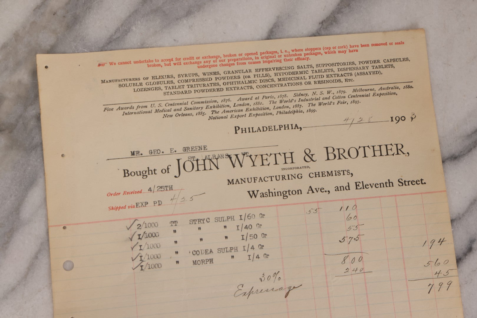 Lot 064 - Grouping Of 20+ Antique Billhead Receipts From John Wyeth & Brother Inc., Manufacturing Chemists, Philadelphia, For Narcotics Including Heroin, Morphine, Codeine, Strychnine, Cocaine, And Other Medicines, Sold To Mr. G.E. Greene, Dated 1903