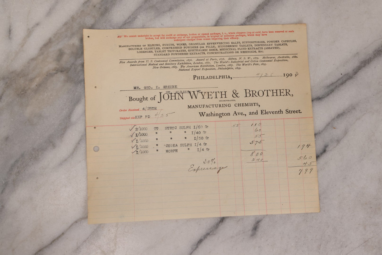 Lot 064 - Grouping Of 20+ Antique Billhead Receipts From John Wyeth & Brother Inc., Manufacturing Chemists, Philadelphia, For Narcotics Including Heroin, Morphine, Codeine, Strychnine, Cocaine, And Other Medicines, Sold To Mr. G.E. Greene, Dated 1903