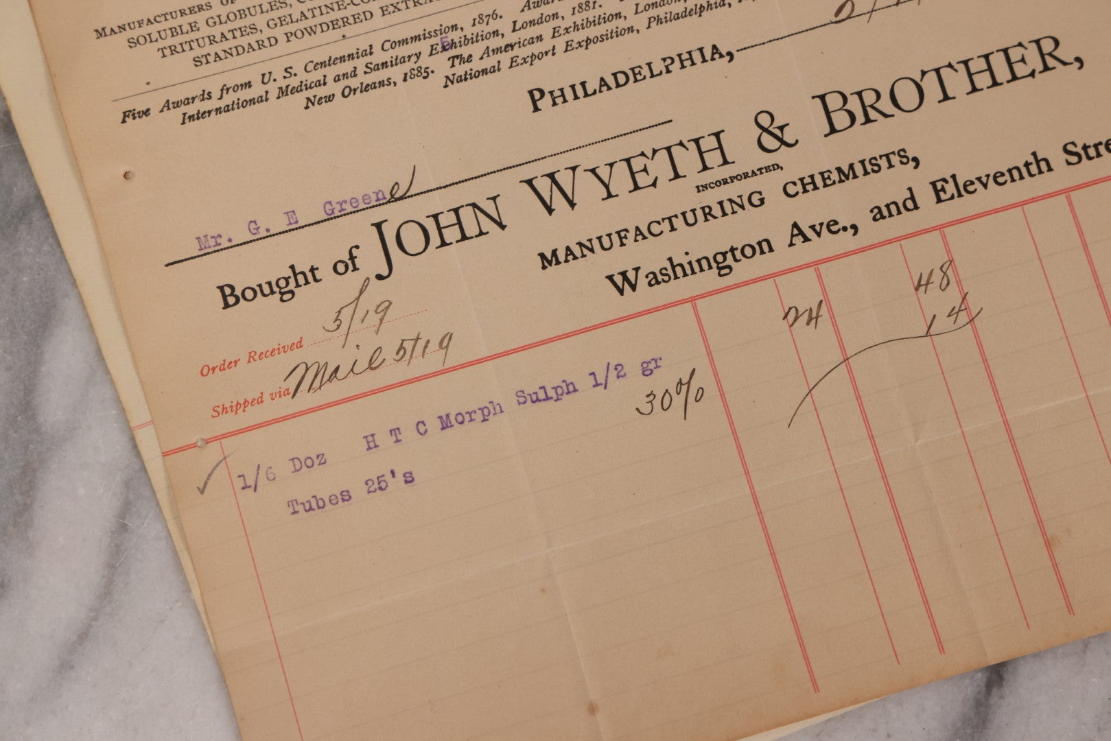Lot 064 - Grouping Of 20+ Antique Billhead Receipts From John Wyeth & Brother Inc., Manufacturing Chemists, Philadelphia, For Narcotics Including Heroin, Morphine, Codeine, Strychnine, Cocaine, And Other Medicines, Sold To Mr. G.E. Greene, Dated 1903