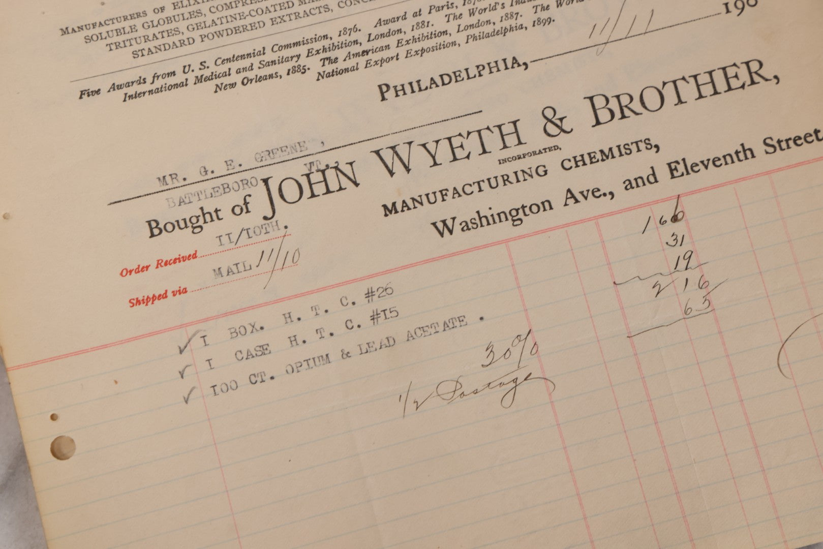 Lot 064 - Grouping Of 20+ Antique Billhead Receipts From John Wyeth & Brother Inc., Manufacturing Chemists, Philadelphia, For Narcotics Including Heroin, Morphine, Codeine, Strychnine, Cocaine, And Other Medicines, Sold To Mr. G.E. Greene, Dated 1903