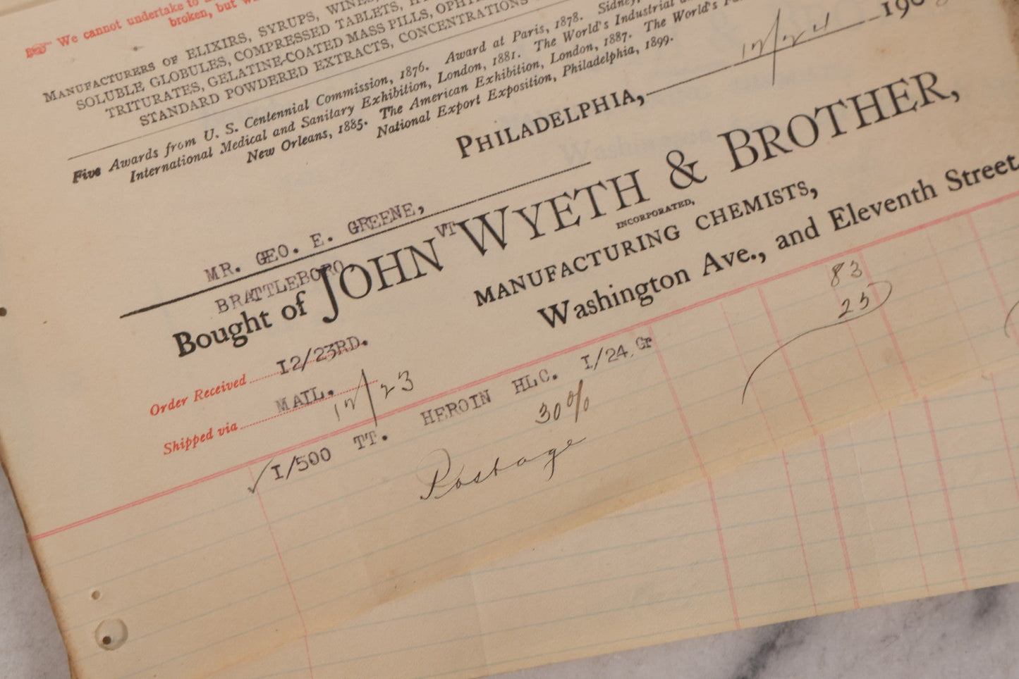 Lot 064 - Grouping Of 20+ Antique Billhead Receipts From John Wyeth & Brother Inc., Manufacturing Chemists, Philadelphia, For Narcotics Including Heroin, Morphine, Codeine, Strychnine, Cocaine, And Other Medicines, Sold To Mr. G.E. Greene, Dated 1903