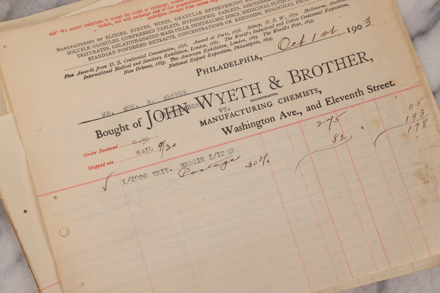 Lot 064 - Grouping Of 20+ Antique Billhead Receipts From John Wyeth & Brother Inc., Manufacturing Chemists, Philadelphia, For Narcotics Including Heroin, Morphine, Codeine, Strychnine, Cocaine, And Other Medicines, Sold To Mr. G.E. Greene, Dated 1903