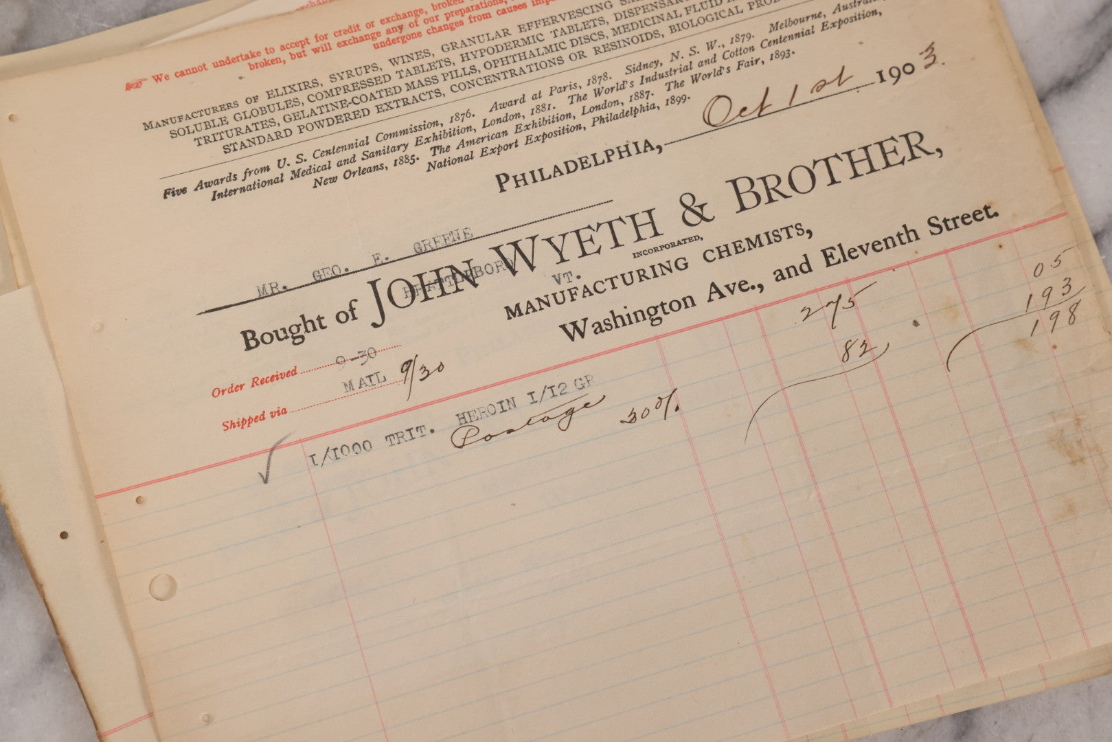 Lot 064 - Grouping Of 20+ Antique Billhead Receipts From John Wyeth & Brother Inc., Manufacturing Chemists, Philadelphia, For Narcotics Including Heroin, Morphine, Codeine, Strychnine, Cocaine, And Other Medicines, Sold To Mr. G.E. Greene, Dated 1903