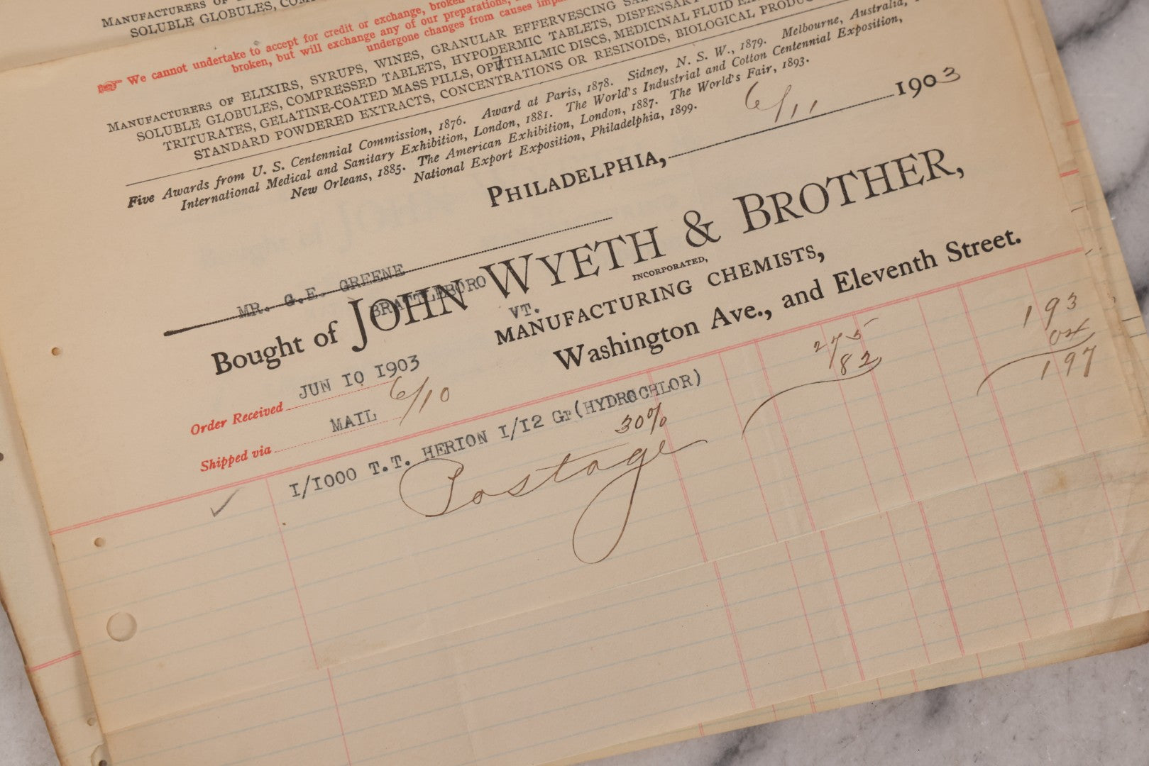 Lot 064 - Grouping Of 20+ Antique Billhead Receipts From John Wyeth & Brother Inc., Manufacturing Chemists, Philadelphia, For Narcotics Including Heroin, Morphine, Codeine, Strychnine, Cocaine, And Other Medicines, Sold To Mr. G.E. Greene, Dated 1903