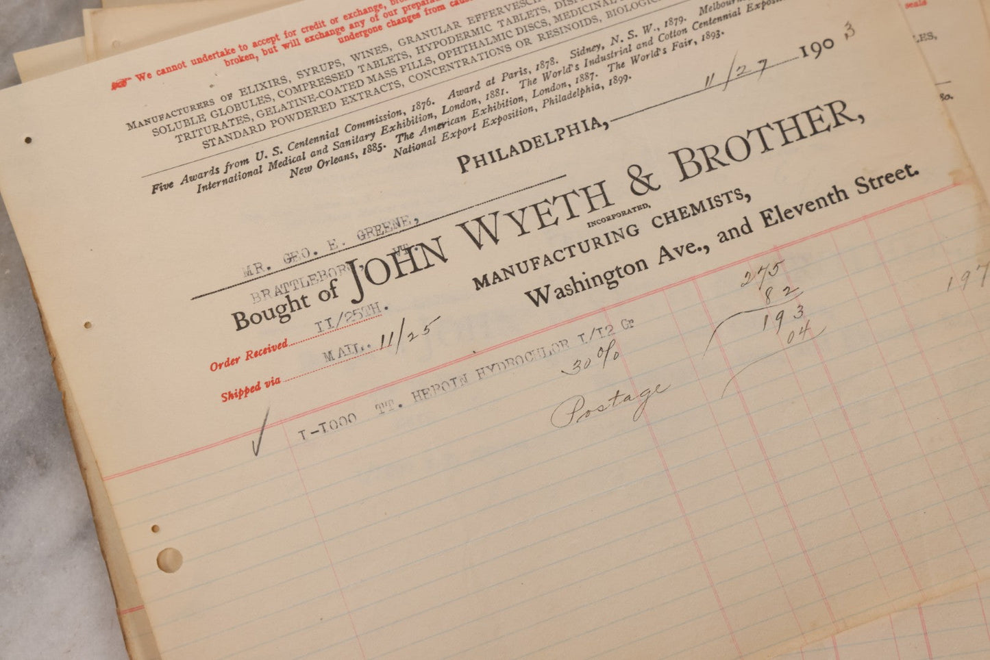 Lot 064 - Grouping Of 20+ Antique Billhead Receipts From John Wyeth & Brother Inc., Manufacturing Chemists, Philadelphia, For Narcotics Including Heroin, Morphine, Codeine, Strychnine, Cocaine, And Other Medicines, Sold To Mr. G.E. Greene, Dated 1903
