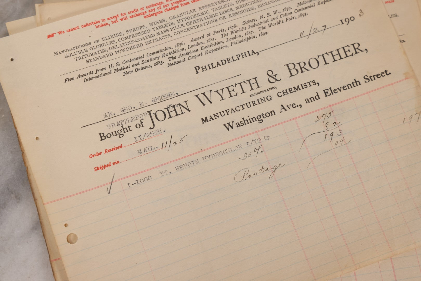 Lot 064 - Grouping Of 20+ Antique Billhead Receipts From John Wyeth & Brother Inc., Manufacturing Chemists, Philadelphia, For Narcotics Including Heroin, Morphine, Codeine, Strychnine, Cocaine, And Other Medicines, Sold To Mr. G.E. Greene, Dated 1903