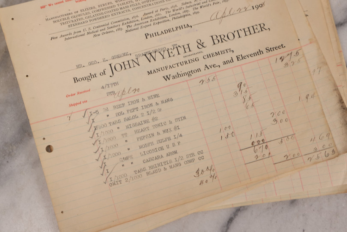 Lot 064 - Grouping Of 20+ Antique Billhead Receipts From John Wyeth & Brother Inc., Manufacturing Chemists, Philadelphia, For Narcotics Including Heroin, Morphine, Codeine, Strychnine, Cocaine, And Other Medicines, Sold To Mr. G.E. Greene, Dated 1903