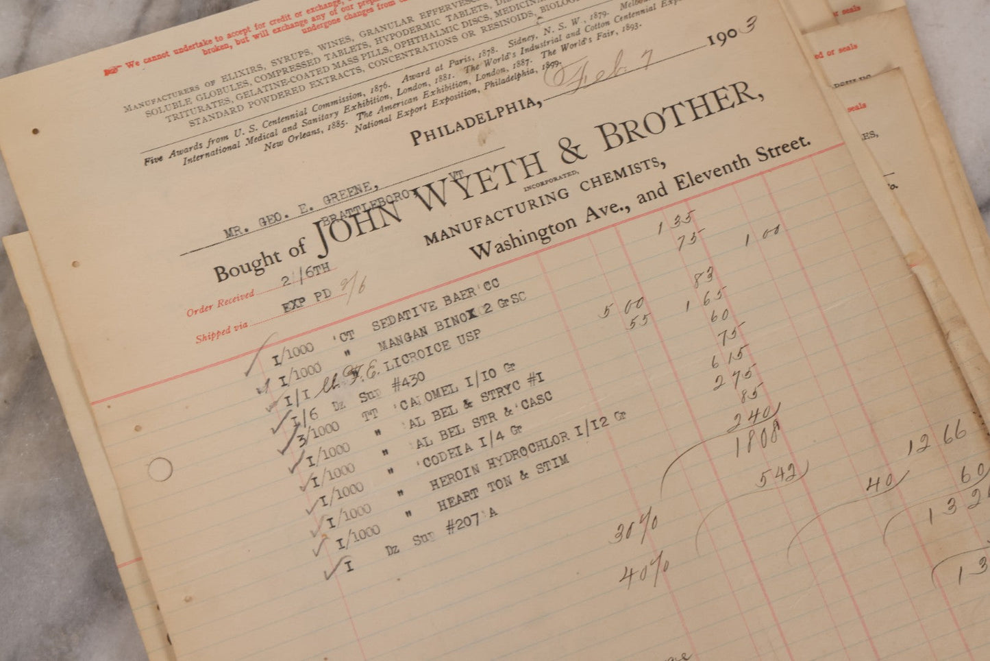 Lot 064 - Grouping Of 20+ Antique Billhead Receipts From John Wyeth & Brother Inc., Manufacturing Chemists, Philadelphia, For Narcotics Including Heroin, Morphine, Codeine, Strychnine, Cocaine, And Other Medicines, Sold To Mr. G.E. Greene, Dated 1903