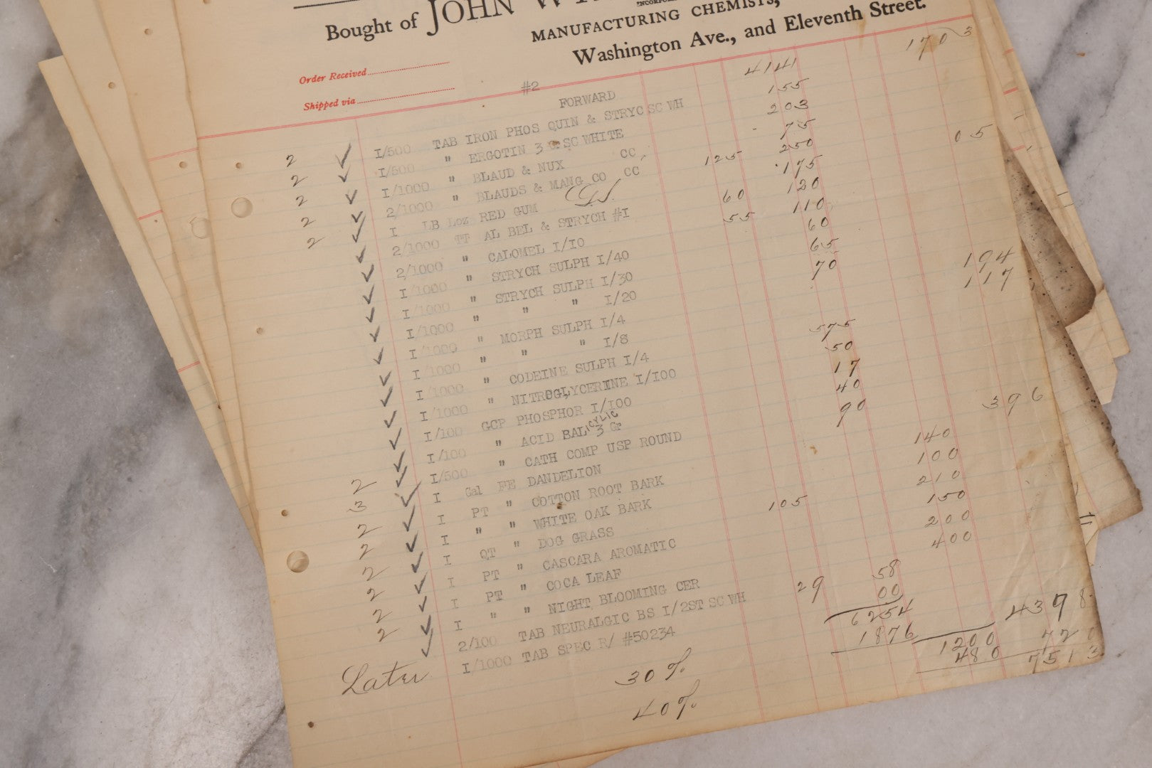 Lot 064 - Grouping Of 20+ Antique Billhead Receipts From John Wyeth & Brother Inc., Manufacturing Chemists, Philadelphia, For Narcotics Including Heroin, Morphine, Codeine, Strychnine, Cocaine, And Other Medicines, Sold To Mr. G.E. Greene, Dated 1903