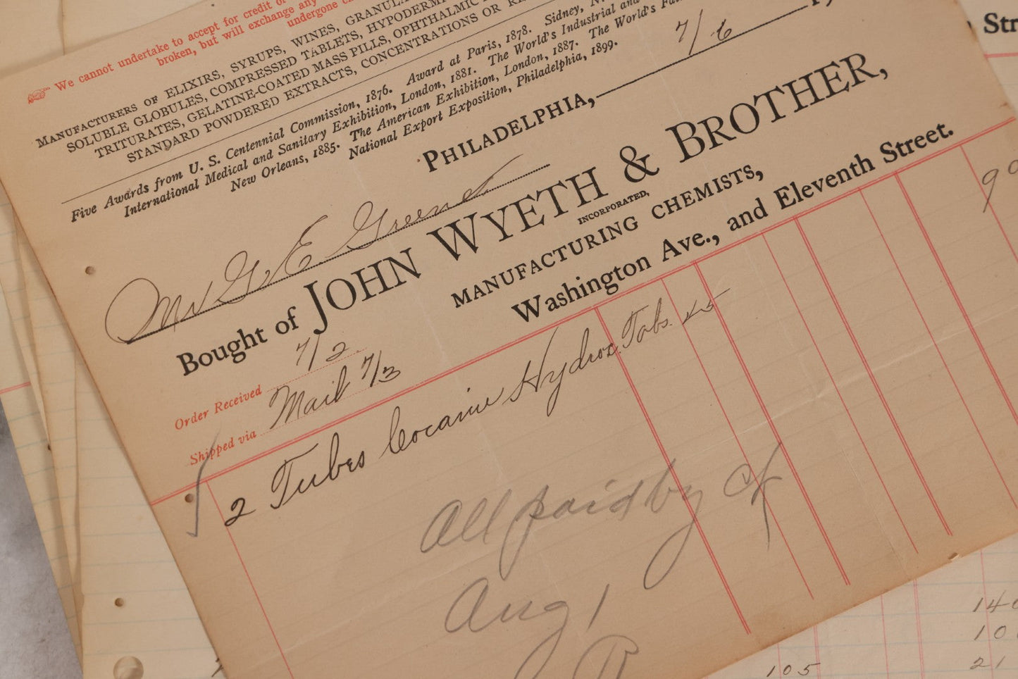 Lot 064 - Grouping Of 20+ Antique Billhead Receipts From John Wyeth & Brother Inc., Manufacturing Chemists, Philadelphia, For Narcotics Including Heroin, Morphine, Codeine, Strychnine, Cocaine, And Other Medicines, Sold To Mr. G.E. Greene, Dated 1903
