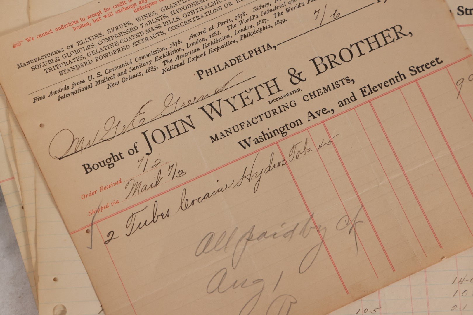 Lot 064 - Grouping Of 20+ Antique Billhead Receipts From John Wyeth & Brother Inc., Manufacturing Chemists, Philadelphia, For Narcotics Including Heroin, Morphine, Codeine, Strychnine, Cocaine, And Other Medicines, Sold To Mr. G.E. Greene, Dated 1903