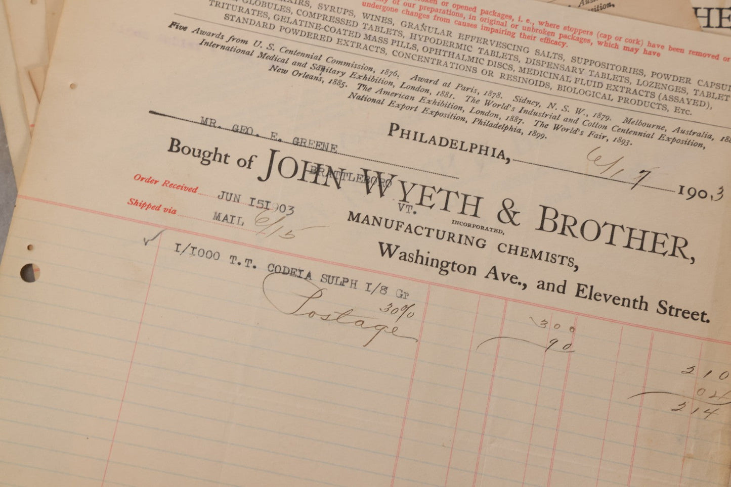 Lot 064 - Grouping Of 20+ Antique Billhead Receipts From John Wyeth & Brother Inc., Manufacturing Chemists, Philadelphia, For Narcotics Including Heroin, Morphine, Codeine, Strychnine, Cocaine, And Other Medicines, Sold To Mr. G.E. Greene, Dated 1903