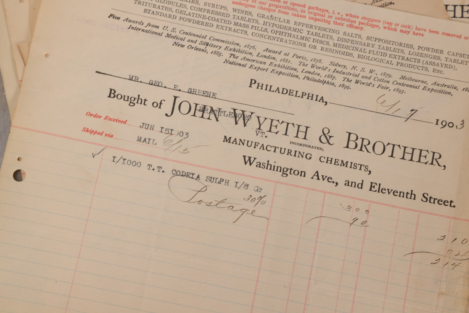 Lot 064 - Grouping Of 20+ Antique Billhead Receipts From John Wyeth & Brother Inc., Manufacturing Chemists, Philadelphia, For Narcotics Including Heroin, Morphine, Codeine, Strychnine, Cocaine, And Other Medicines, Sold To Mr. G.E. Greene, Dated 1903