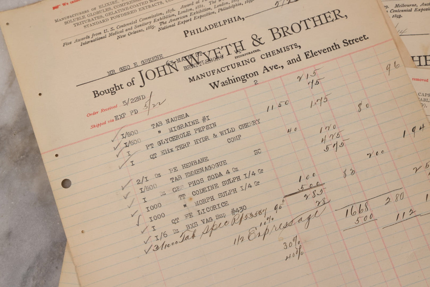Lot 064 - Grouping Of 20+ Antique Billhead Receipts From John Wyeth & Brother Inc., Manufacturing Chemists, Philadelphia, For Narcotics Including Heroin, Morphine, Codeine, Strychnine, Cocaine, And Other Medicines, Sold To Mr. G.E. Greene, Dated 1903