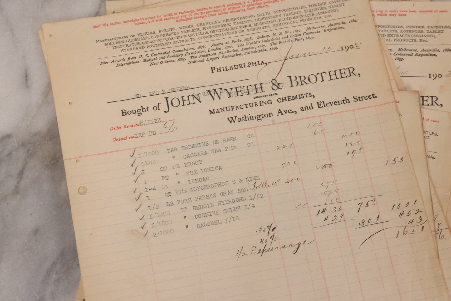 Lot 064 - Grouping Of 20+ Antique Billhead Receipts From John Wyeth & Brother Inc., Manufacturing Chemists, Philadelphia, For Narcotics Including Heroin, Morphine, Codeine, Strychnine, Cocaine, And Other Medicines, Sold To Mr. G.E. Greene, Dated 1903