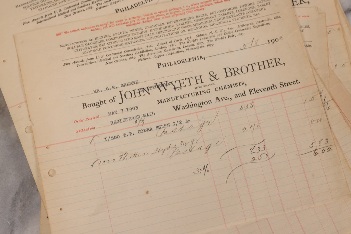 Lot 064 - Grouping Of 20+ Antique Billhead Receipts From John Wyeth & Brother Inc., Manufacturing Chemists, Philadelphia, For Narcotics Including Heroin, Morphine, Codeine, Strychnine, Cocaine, And Other Medicines, Sold To Mr. G.E. Greene, Dated 1903