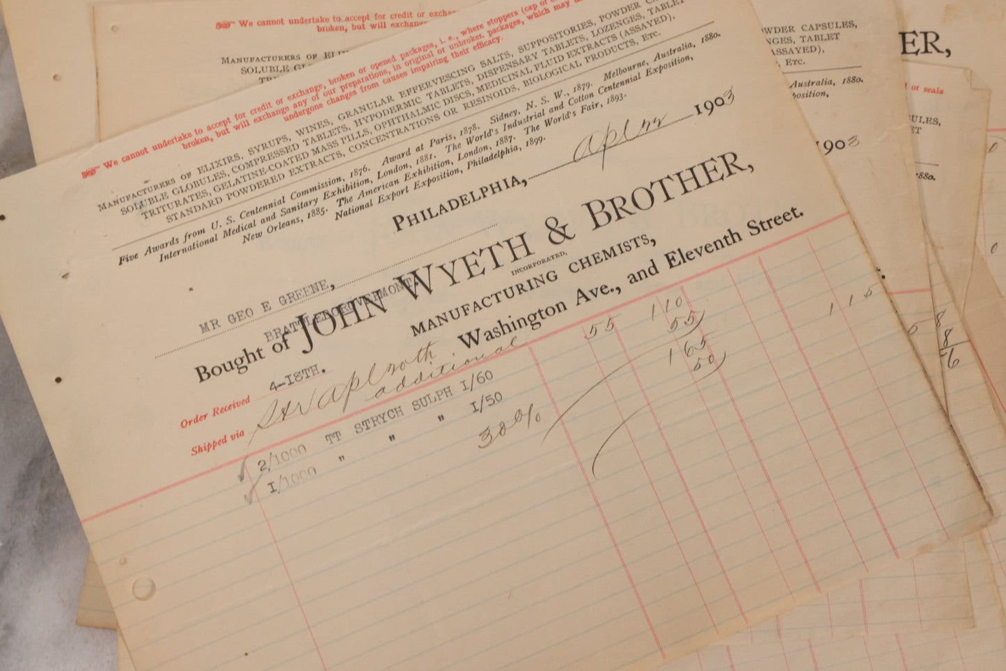 Lot 064 - Grouping Of 20+ Antique Billhead Receipts From John Wyeth & Brother Inc., Manufacturing Chemists, Philadelphia, For Narcotics Including Heroin, Morphine, Codeine, Strychnine, Cocaine, And Other Medicines, Sold To Mr. G.E. Greene, Dated 1903