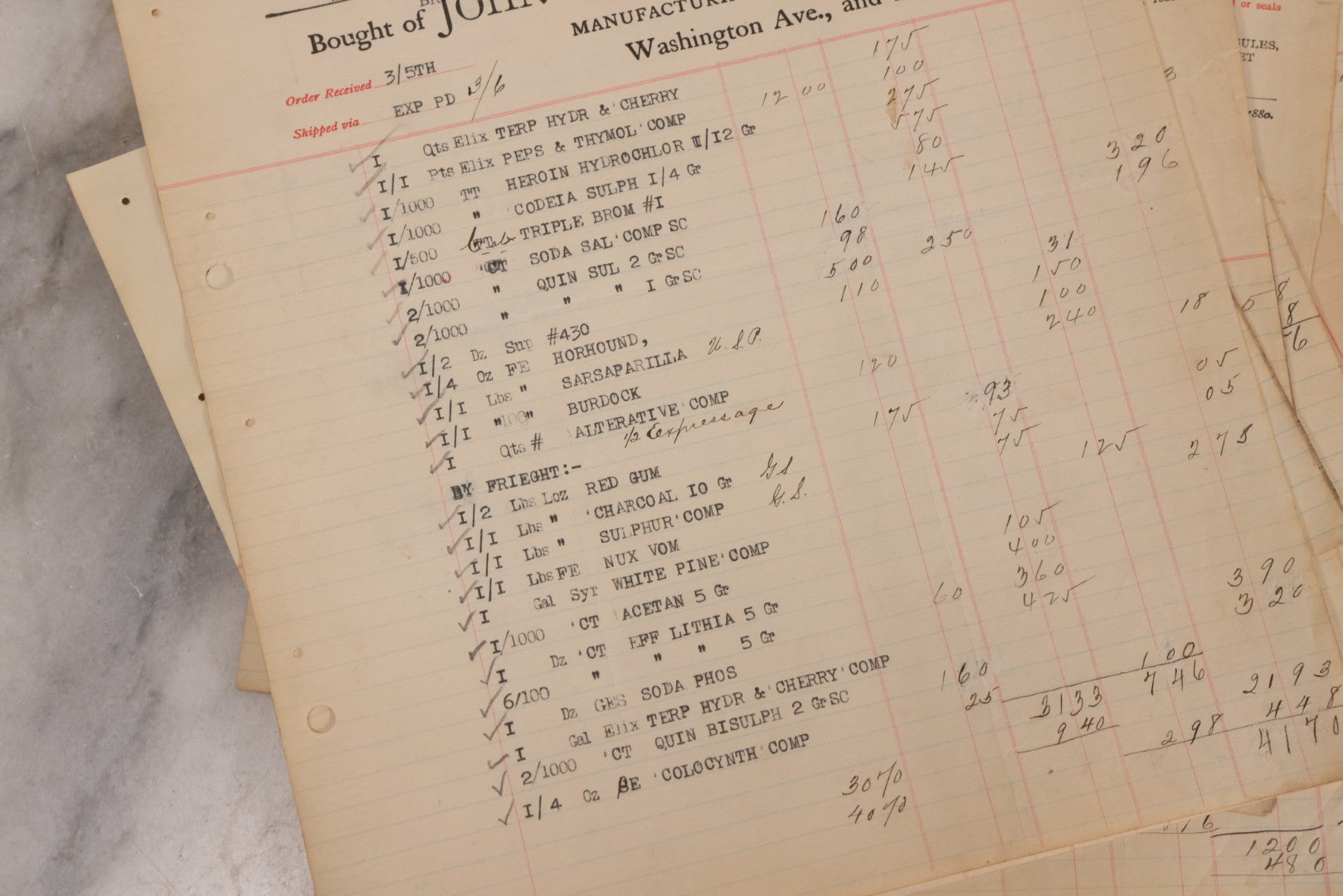 Lot 064 - Grouping Of 20+ Antique Billhead Receipts From John Wyeth & Brother Inc., Manufacturing Chemists, Philadelphia, For Narcotics Including Heroin, Morphine, Codeine, Strychnine, Cocaine, And Other Medicines, Sold To Mr. G.E. Greene, Dated 1903
