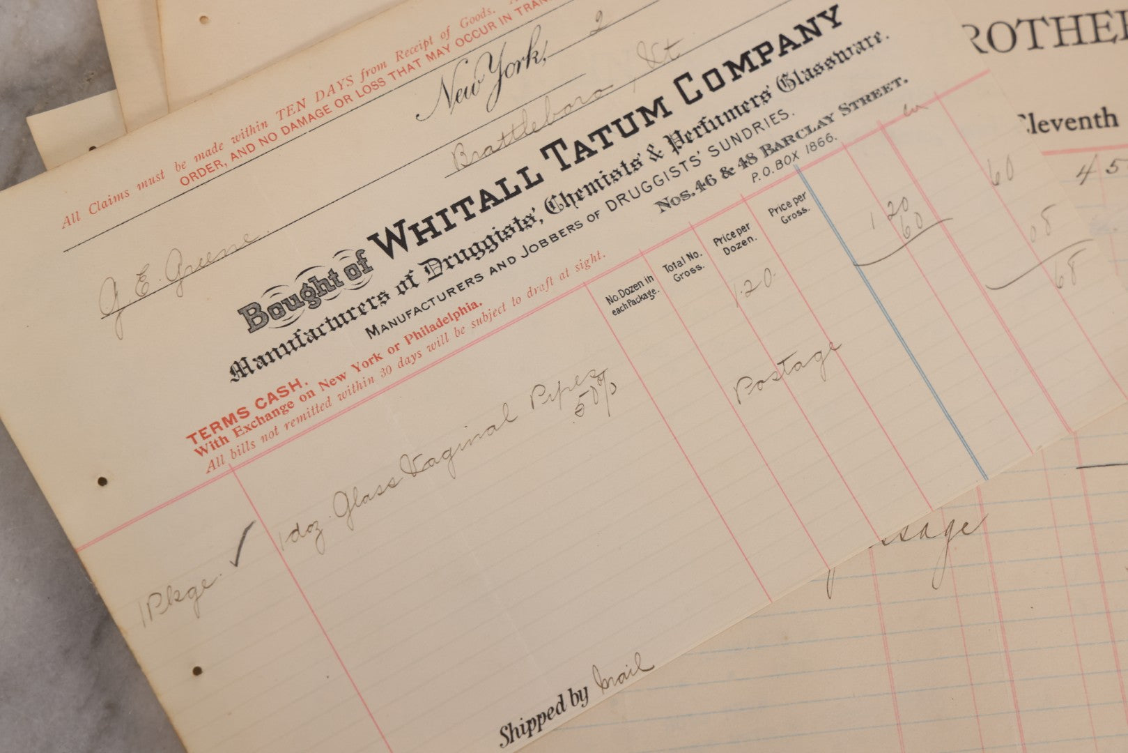 Lot 064 - Grouping Of 20+ Antique Billhead Receipts From John Wyeth & Brother Inc., Manufacturing Chemists, Philadelphia, For Narcotics Including Heroin, Morphine, Codeine, Strychnine, Cocaine, And Other Medicines, Sold To Mr. G.E. Greene, Dated 1903
