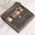 Lot 067 - Antique Pocket Apothecary / Homeopathic Vial Set With Four Glass Vials In Leatherette Case, Metal Screw Caps, Handwritten Labels