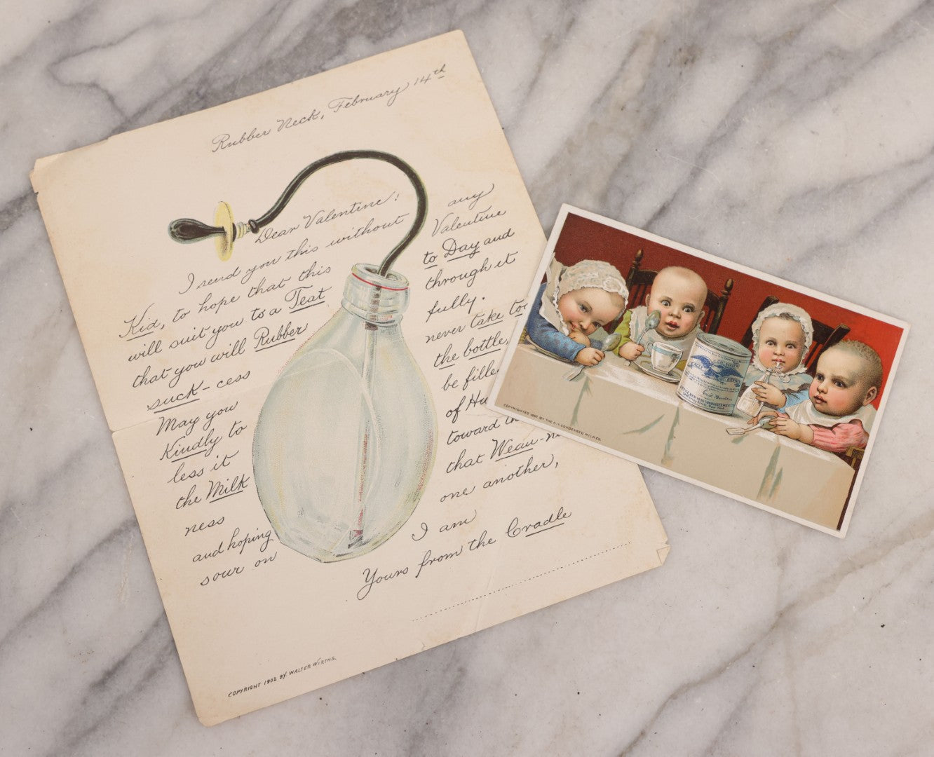 Lot 068 - Pair Of Antique Nursing Bottle Ephemera Pieces Depicting Early Nursing Bottles, So-Called “Murder Bottles,” 1902 Valentine By Walter Wirths And 1887 N.Y. Condensed Milk Co. Trade Card