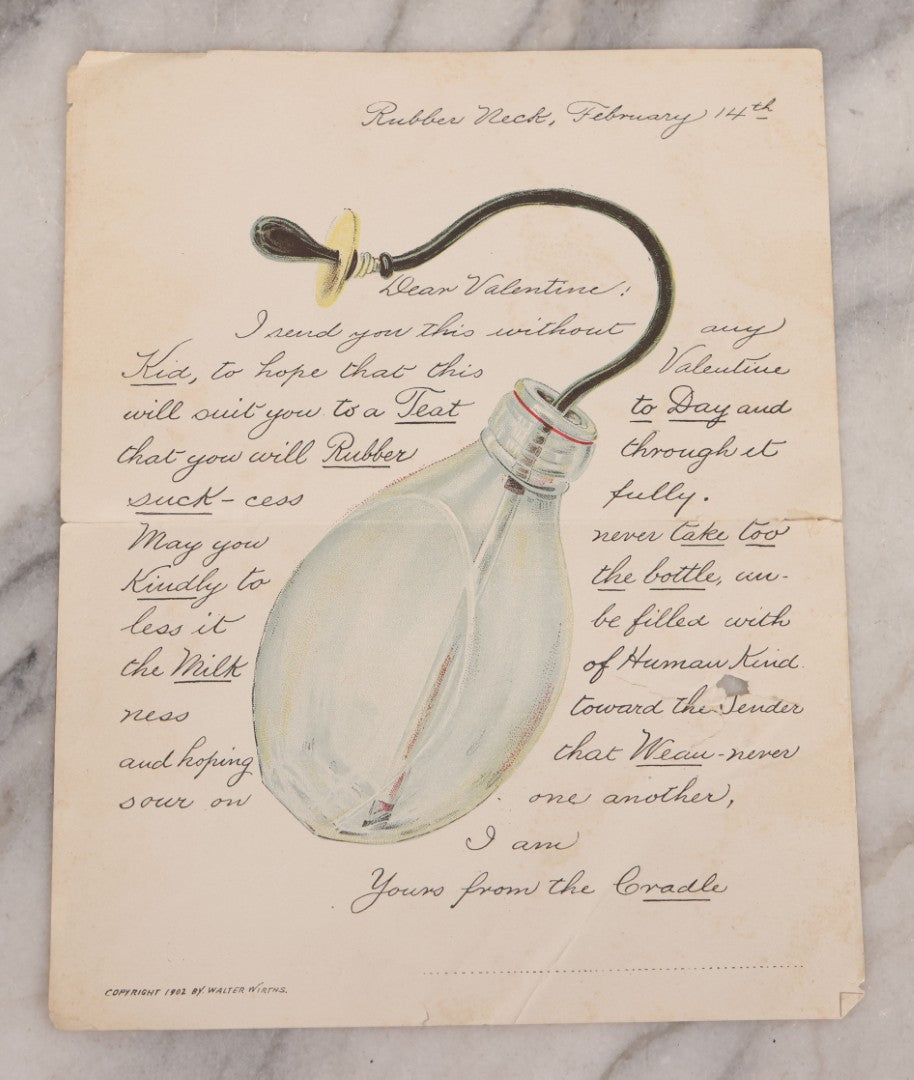 Lot 068 - Pair Of Antique Nursing Bottle Ephemera Pieces Depicting Early Nursing Bottles, So-Called “Murder Bottles,” 1902 Valentine By Walter Wirths And 1887 N.Y. Condensed Milk Co. Trade Card