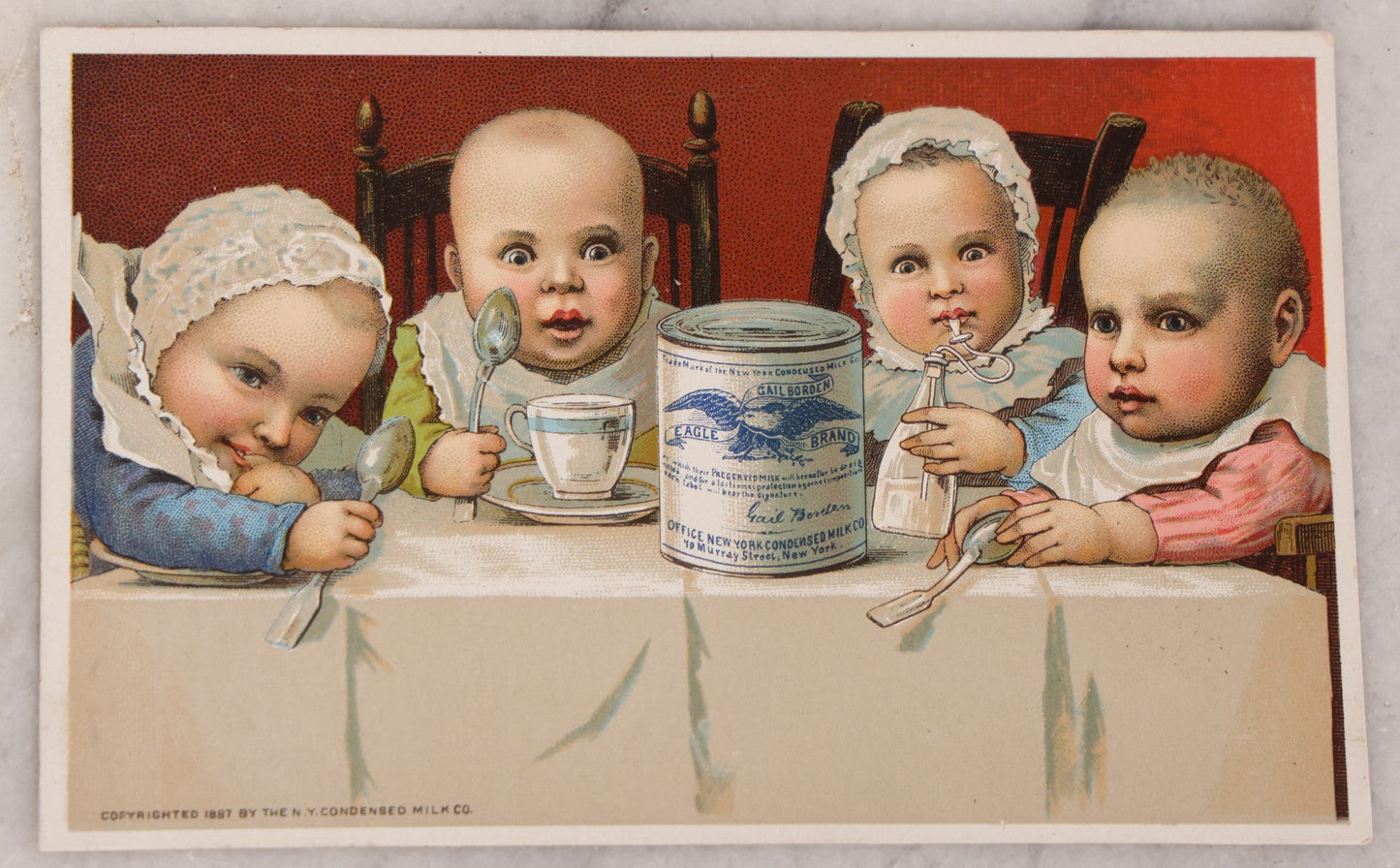 Lot 068 - Pair Of Antique Nursing Bottle Ephemera Pieces Depicting Early Nursing Bottles, So-Called “Murder Bottles,” 1902 Valentine By Walter Wirths And 1887 N.Y. Condensed Milk Co. Trade Card