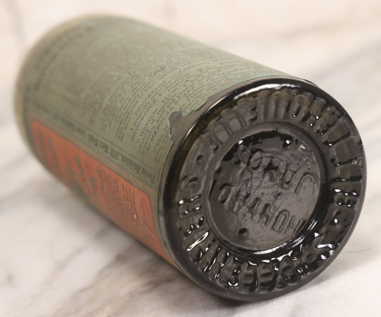 Lot 069 - Antique Hunyadi János Budai Mineral Spring Water Bottle With Paper Label, The Apollinaris Company, Andreas Saxlehner, Budapest, Hungary, 9-1/4" H