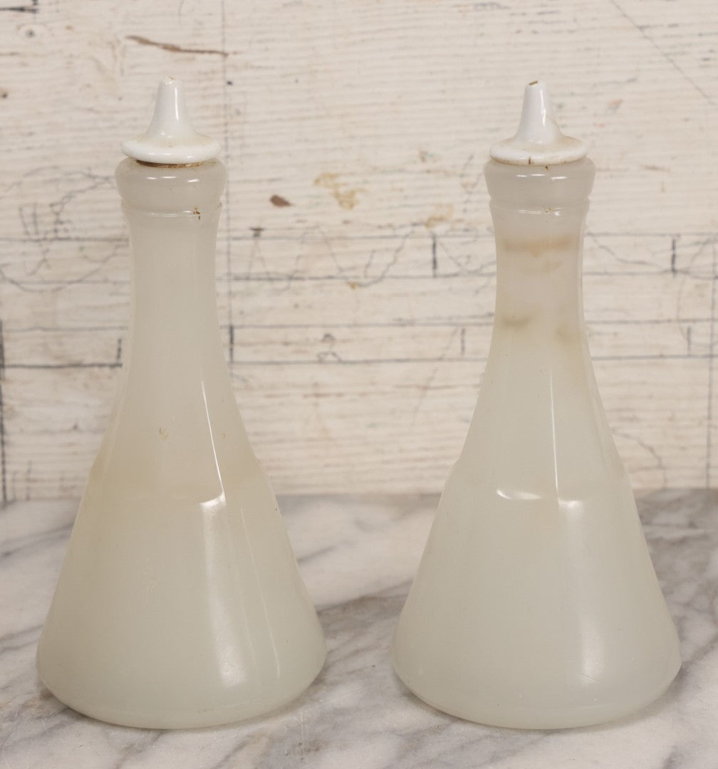 Lot 071 - Pair Of Antique Barber Shop / Hair Tonic Bottles With Porcelain Spouts, Frosted Glass, 7-7/8" H Each