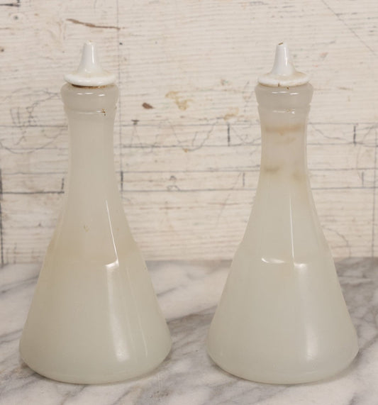 Lot 071 - Pair Of Antique Barber Shop / Hair Tonic Bottles With Porcelain Spouts, Frosted Glass, 7-7/8" H Each