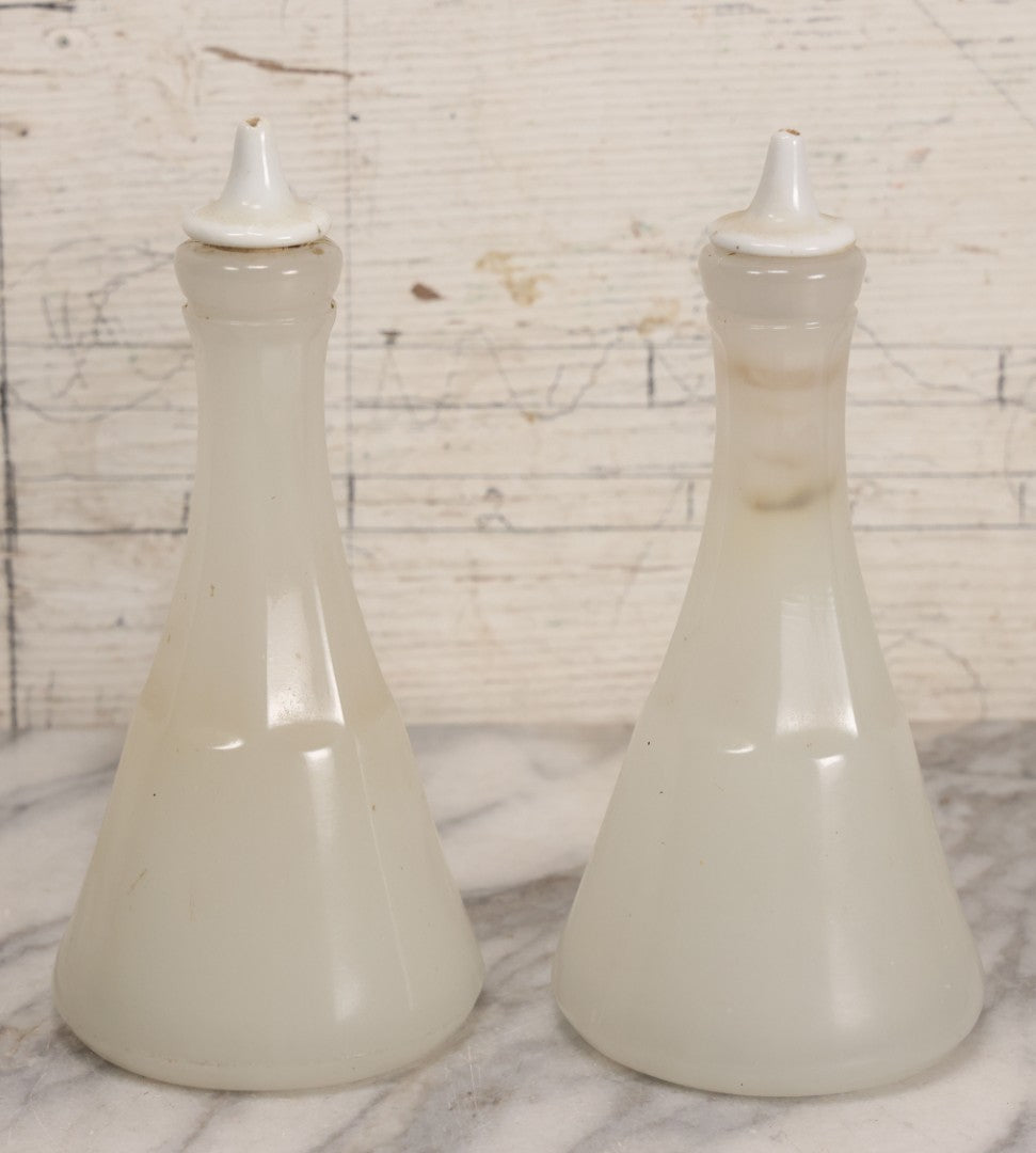 Lot 071 - Pair Of Antique Barber Shop / Hair Tonic Bottles With Porcelain Spouts, Frosted Glass, 7-7/8" H Each