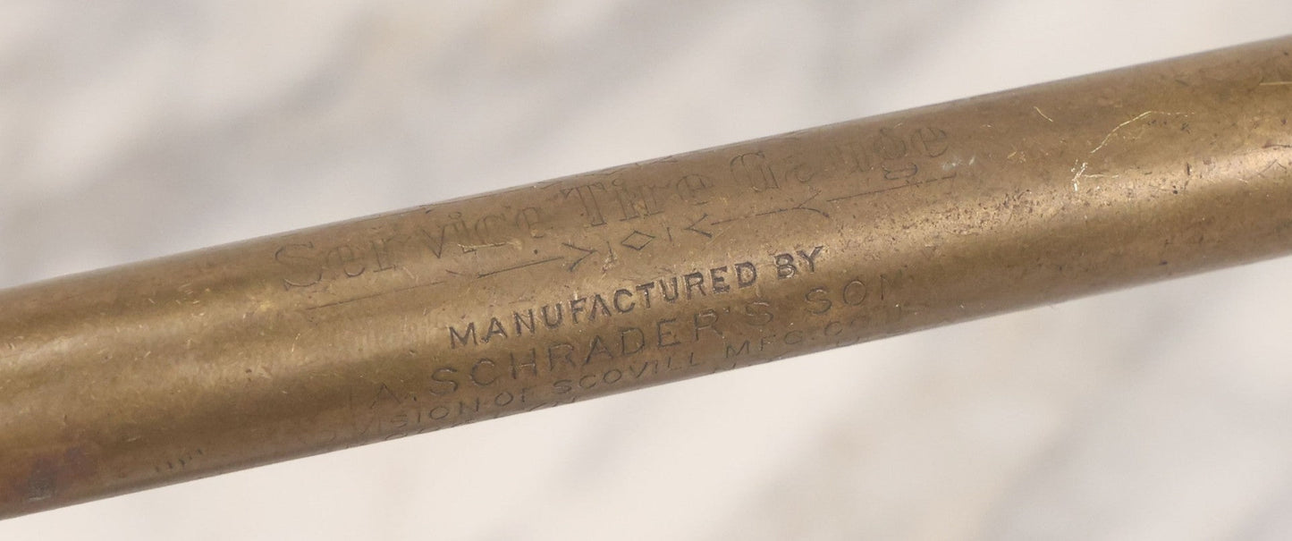Lot 073 - Vintage Brass Schrader Service Tire Gauge, Manufactured By A. Schrader's Son (Division Of Scovill Mfg. Co.), Brooklyn, New York, 12-1/2" L