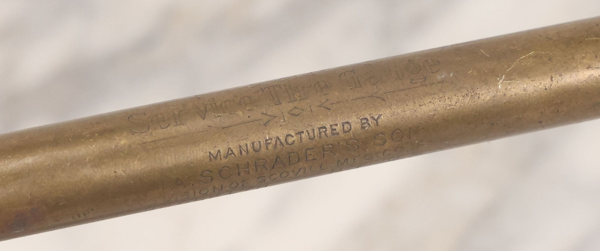 Lot 073 - Vintage Brass Schrader Service Tire Gauge, Manufactured By A. Schrader's Son (Division Of Scovill Mfg. Co.), Brooklyn, New York, 12-1/2" L