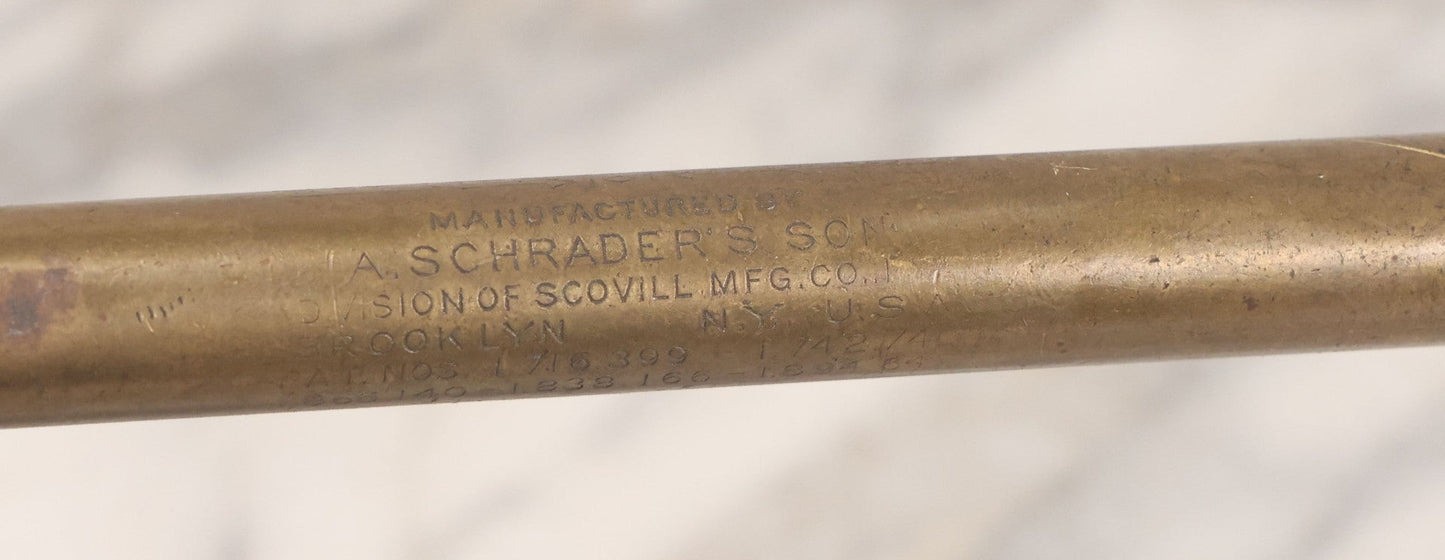 Lot 073 - Vintage Brass Schrader Service Tire Gauge, Manufactured By A. Schrader's Son (Division Of Scovill Mfg. Co.), Brooklyn, New York, 12-1/2" L