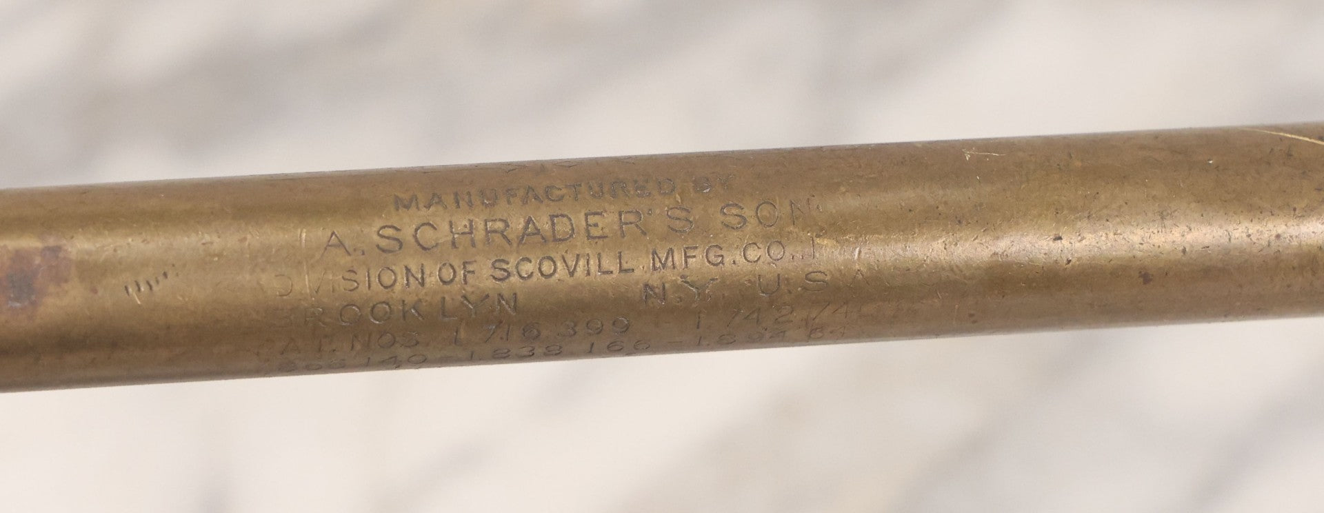Lot 073 - Vintage Brass Schrader Service Tire Gauge, Manufactured By A. Schrader's Son (Division Of Scovill Mfg. Co.), Brooklyn, New York, 12-1/2" L