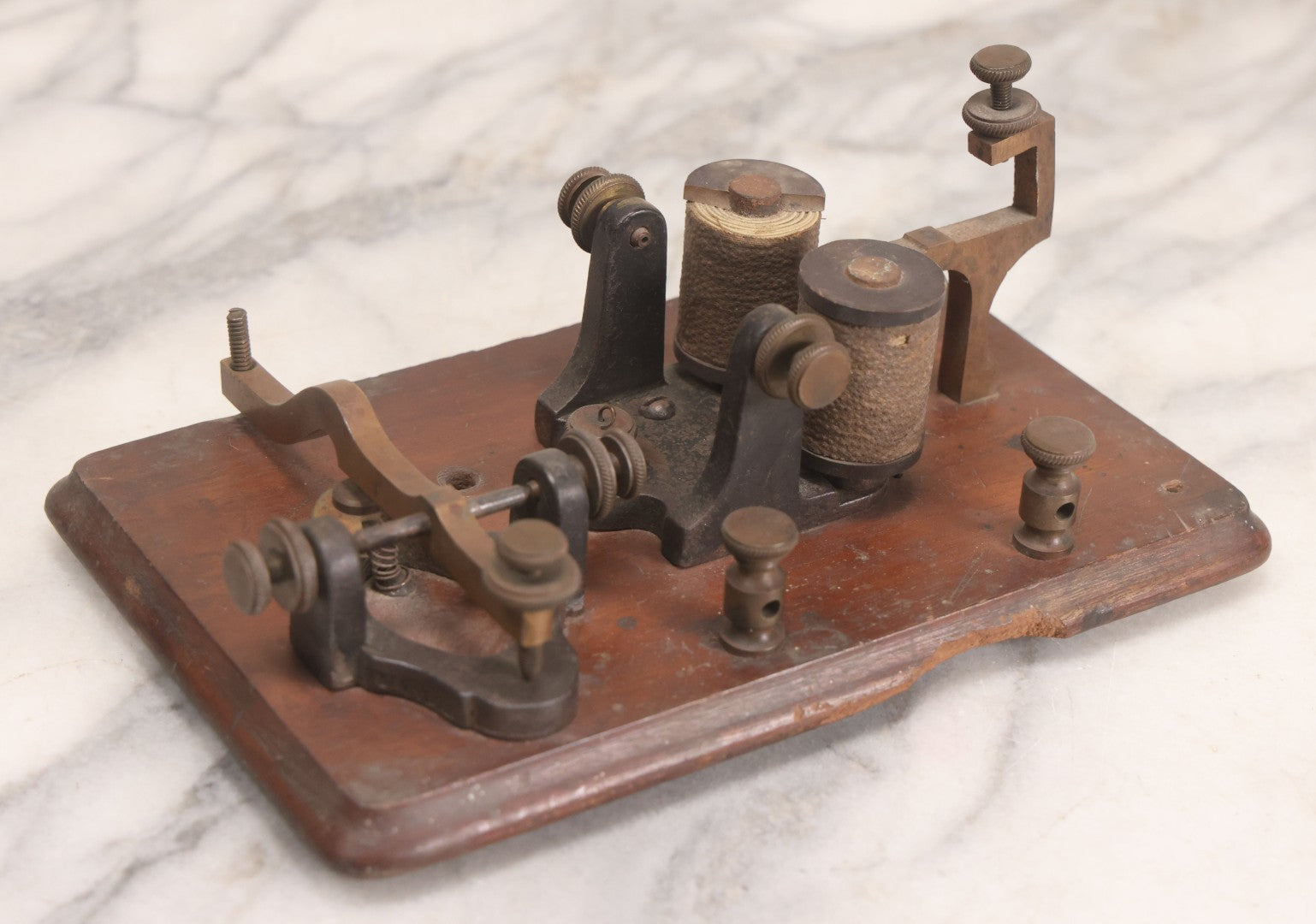 Lot 075 - Antique Morse Code Telegraph Sounder And Key Assembly On Wood Base, Likely Incomplete