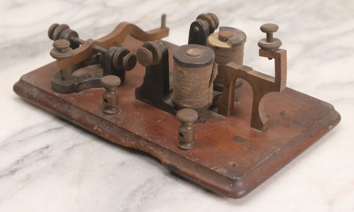 Lot 075 - Antique Morse Code Telegraph Sounder And Key Assembly On Wood Base, Likely Incomplete