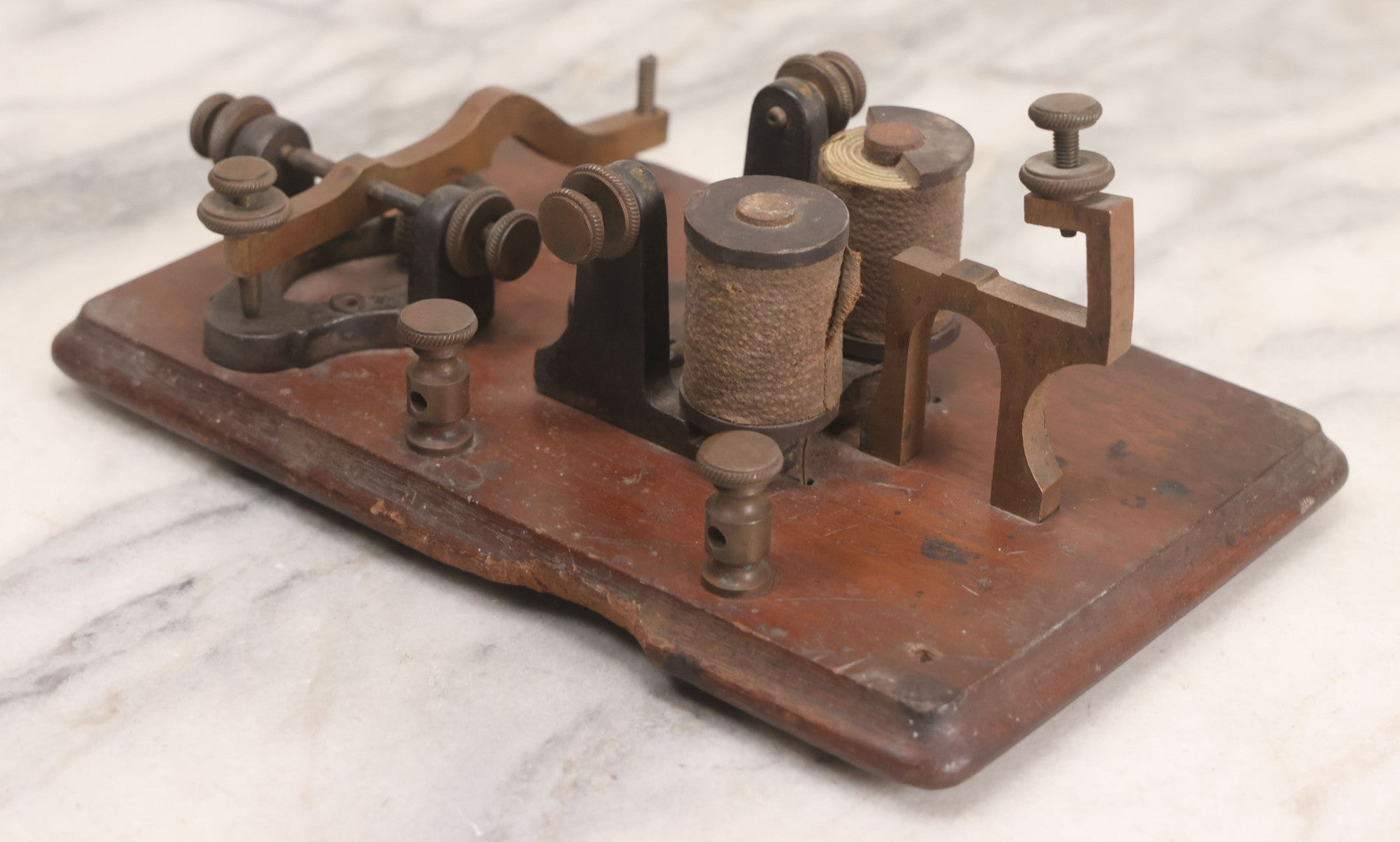 Lot 075 - Antique Morse Code Telegraph Sounder And Key Assembly On Wood Base, Likely Incomplete