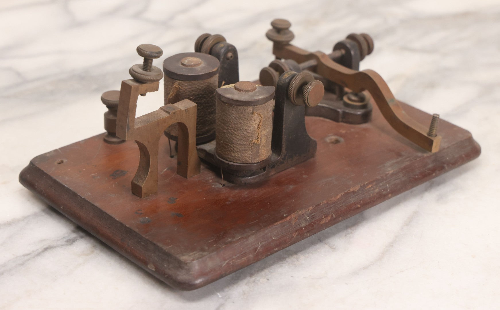 Lot 075 - Antique Morse Code Telegraph Sounder And Key Assembly On Wood Base, Likely Incomplete