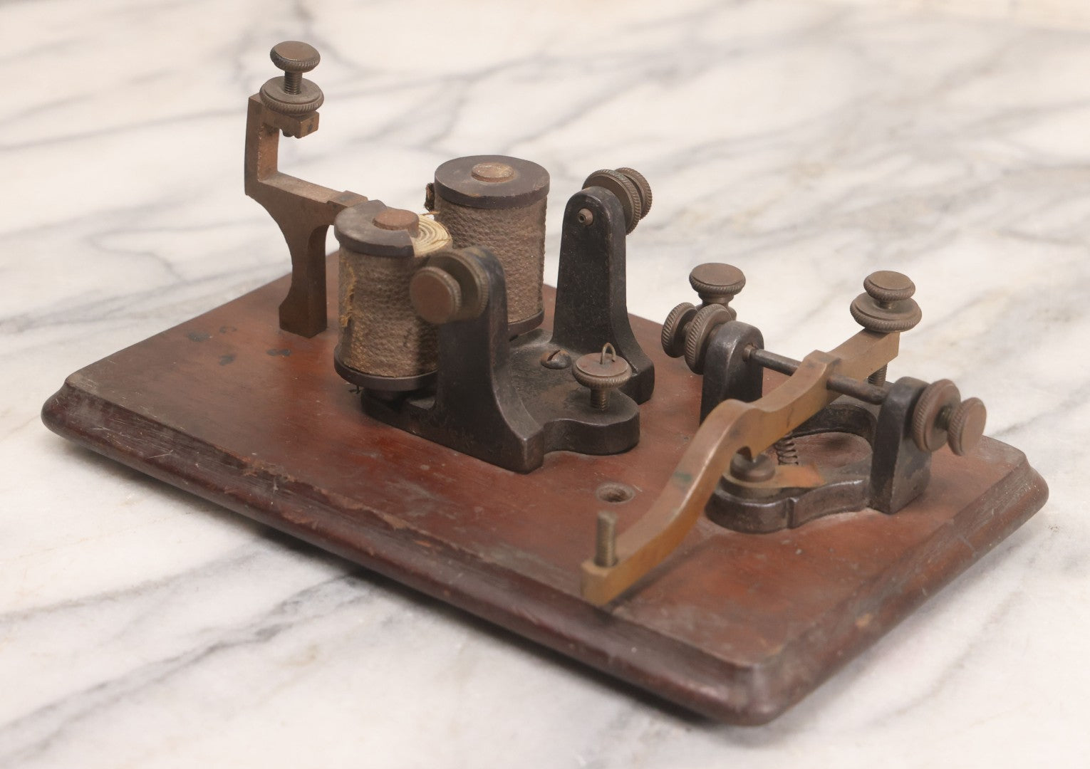 Lot 075 - Antique Morse Code Telegraph Sounder And Key Assembly On Wood Base, Likely Incomplete