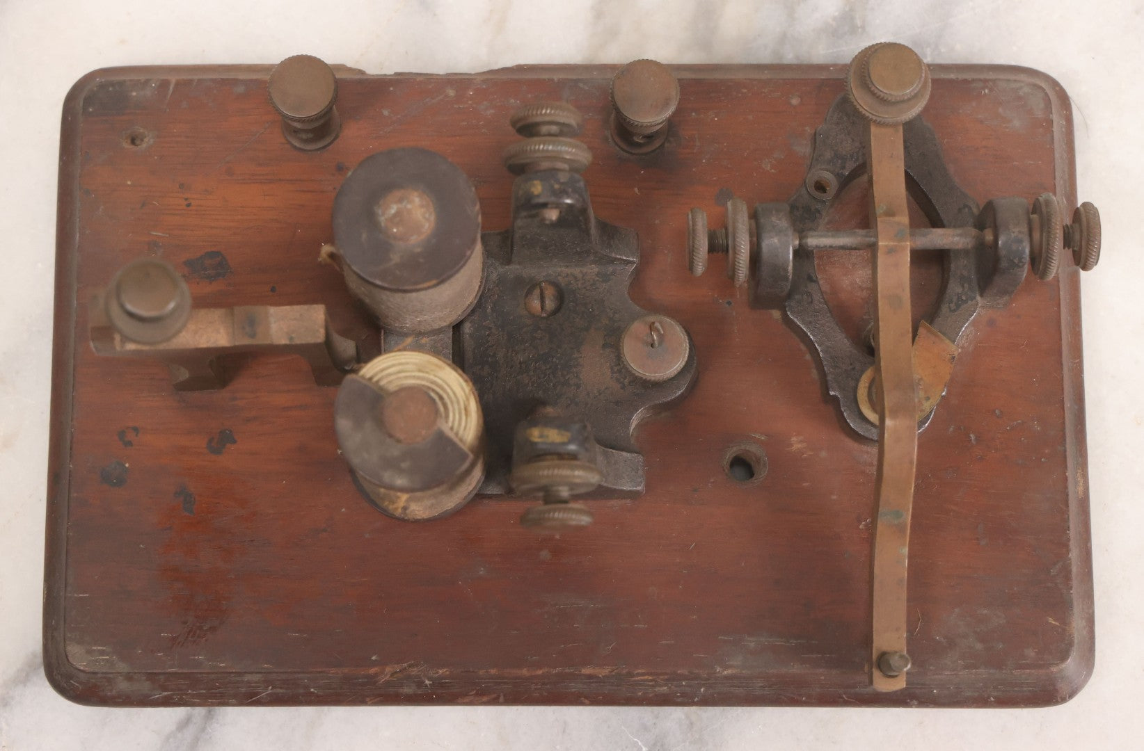 Lot 075 - Antique Morse Code Telegraph Sounder And Key Assembly On Wood Base, Likely Incomplete